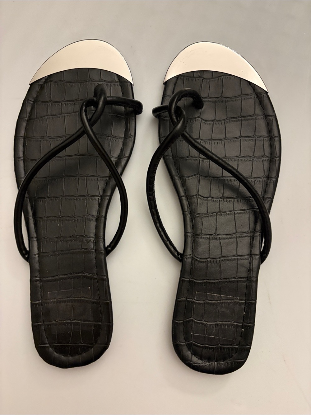DV by Dolce Vita Black Croc-Texture Flat Sandals with Silver Toe Caps